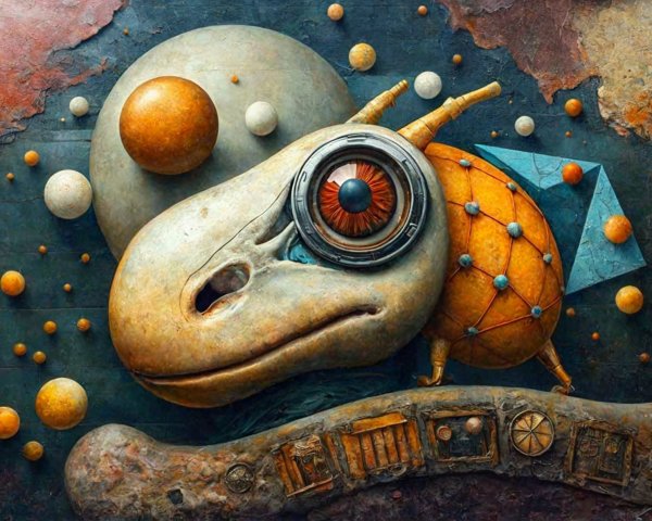 Surreal Snail Creature with Geometric Shell and Spheres