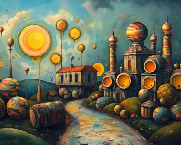 Whimsical Landscape with Surreal Architecture and Suns