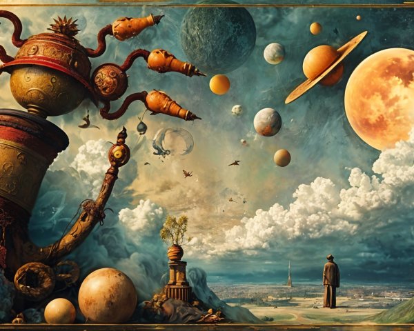 Surreal Landscape with Ornate Teapot and Celestial Bodies
