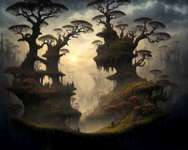 Mystical Landscape with Twisted Trees and Foggy Valley