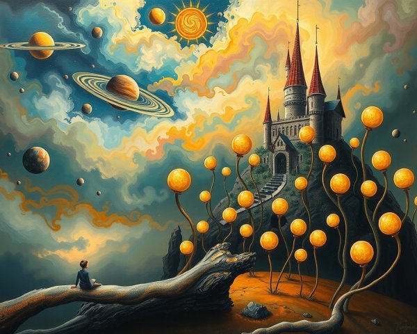 Dreamlike landscape with castle, trees, and vibrant sky