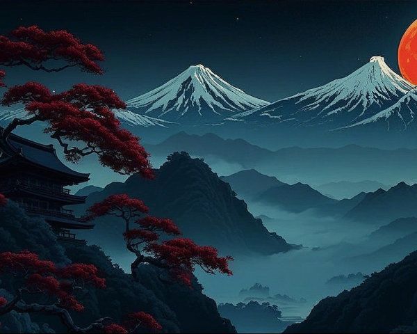 Snow-Capped Mountains and Pagoda Under Red Moon