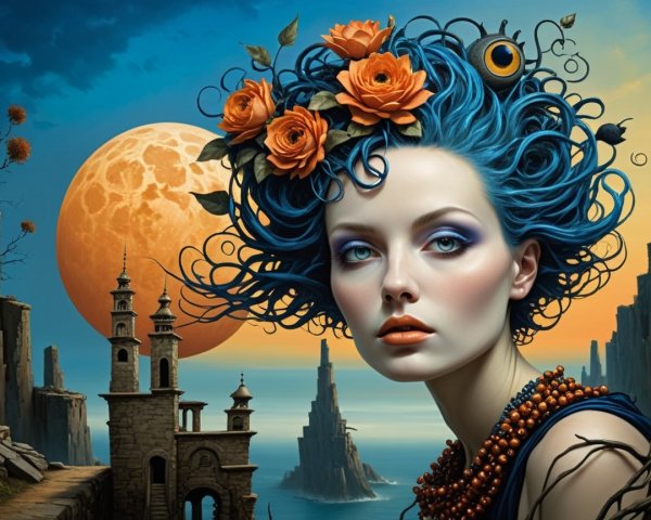Woman with Blue Hair in a Fantastical Landscape