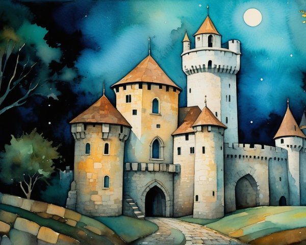 Whimsical Castle Under Moonlit Starry Sky