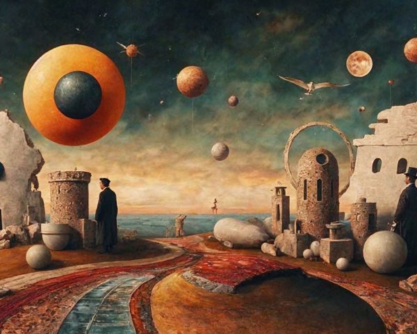 Surreal Landscape with Ancient Ruins and Celestial Bodies