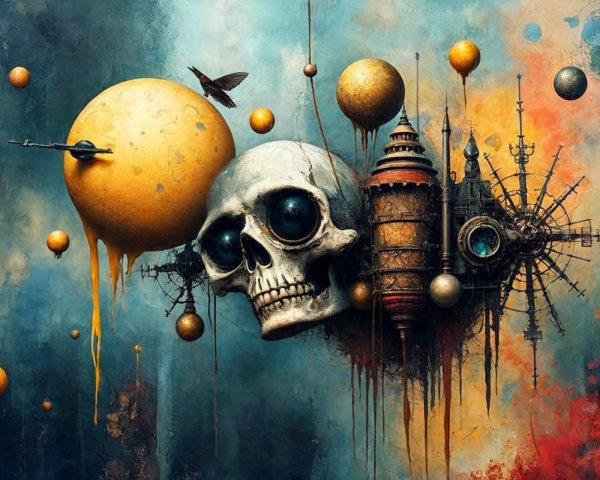 Surreal Skull Surrounded by Steampunk Elements and Planets