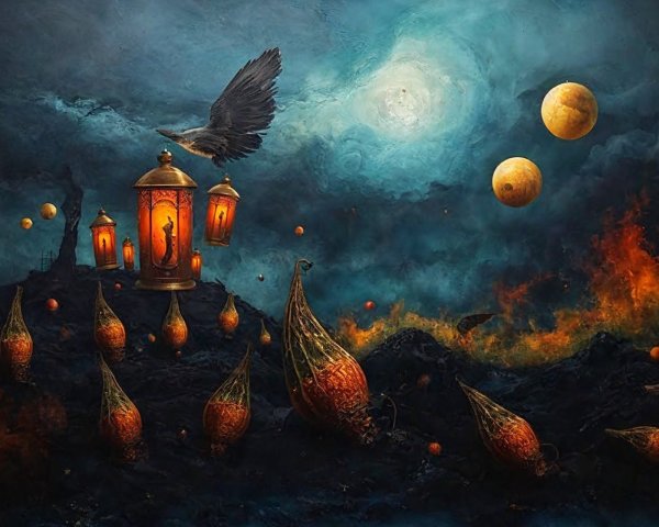 Surreal landscape with glowing lanterns and celestial spheres