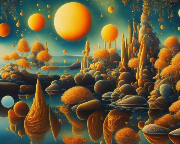Surreal Landscape with Orange Suns and Blue Sky