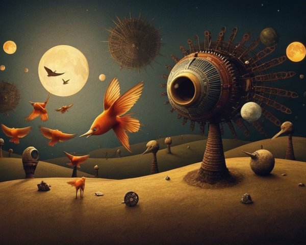 Surreal Landscape with Mechanical Structure and Birds