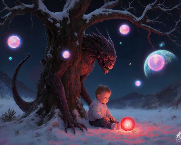Toddler Playing with Glowing Orb Near Dragon Creature