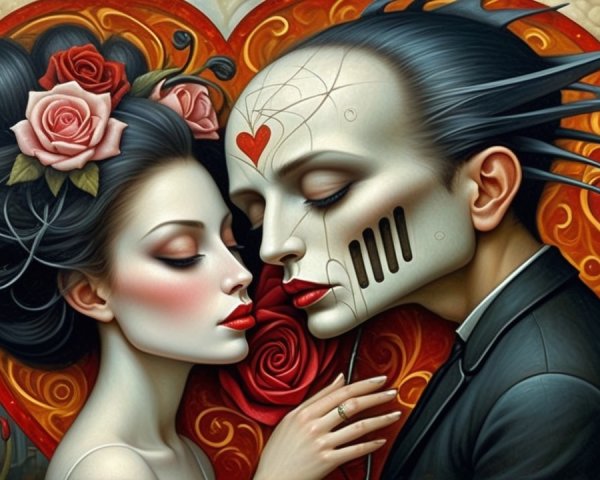 Romantic Couple Surrounded by Roses and Soft Clouds