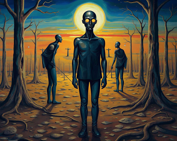 Surreal Oil Painting of a Barren Landscape and Figure