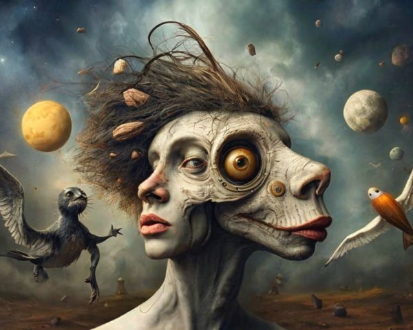 Surreal Human-Animal Face with Celestial Background