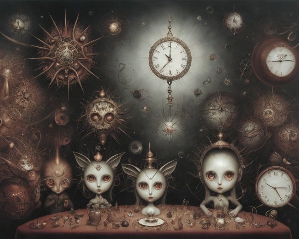 Surreal Gathering with Whimsical Characters and Clocks
