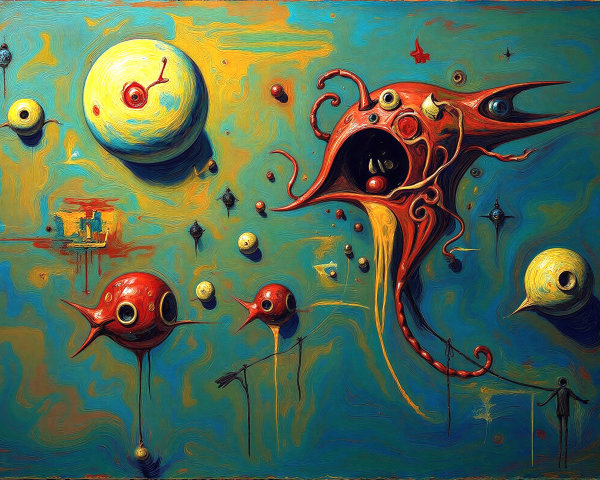 Surreal Painting with Colorful Spheres and Creatures