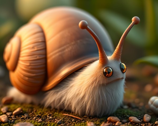 Whimsical Snail with Fluffy Body and Spiraled Shell