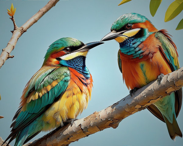 Colorful Birds on a Branch Against Blue Sky