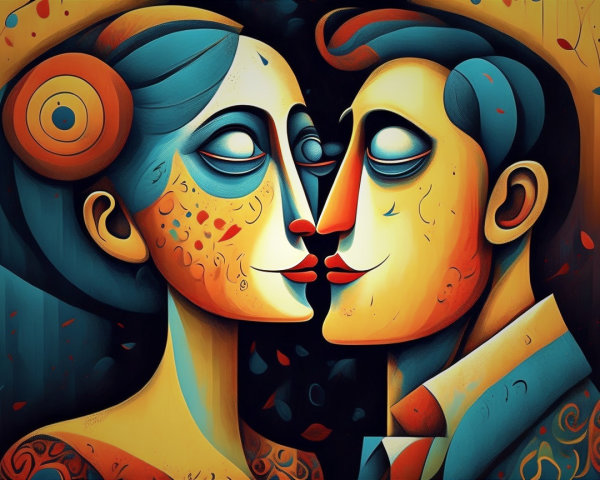 Vibrant Illustration of a Couple Kissing with Patterns