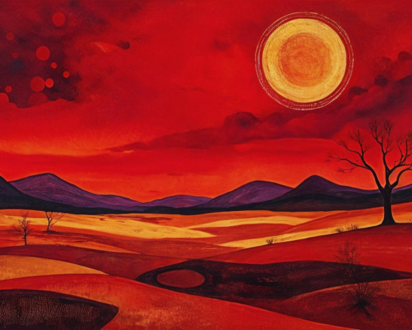 Surreal Landscape with Red Hues and Dark Mountains