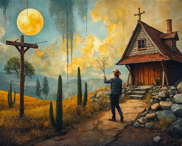 Whimsical Landscape with Cottage and Vibrant Fields