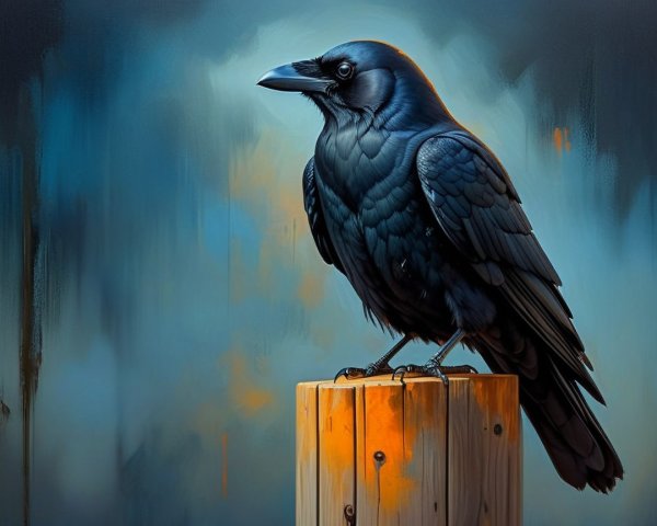 Black Raven on Wooden Post with Abstract Background