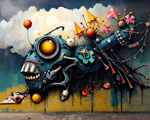 Steampunk Fish Monster Graffiti on Concrete Wall