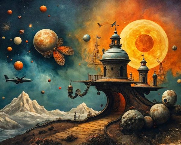 Surreal Landscape with Whimsical City and Cosmic Elements