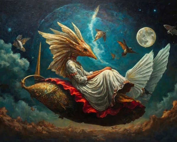 Surreal painting of a bird-headed figure in flight