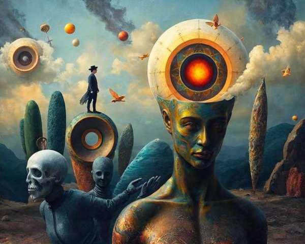 Surreal Landscape with Giant Orbs and Ethereal Mountains