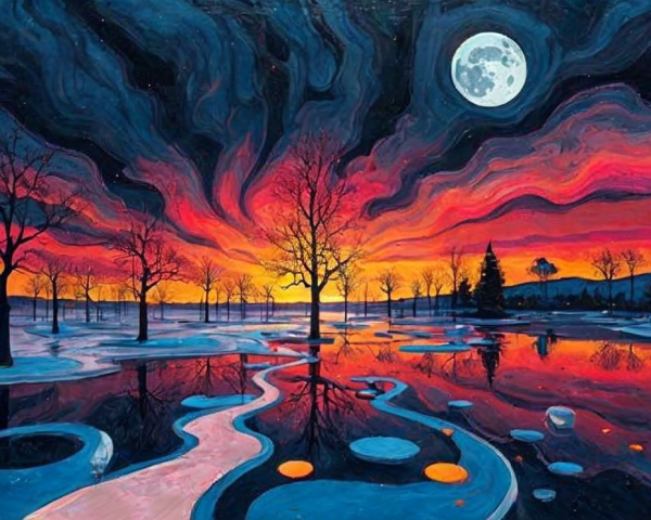 Vibrant Dusk Landscape with Reflective Water and Moon