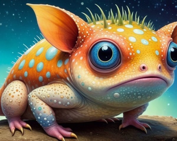 Whimsical creature with orange skin and cosmic backdrop