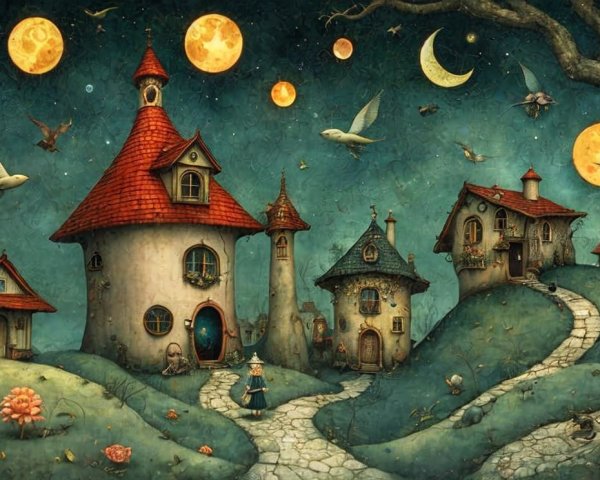 Whimsical Village Scene Under a Starlit Sky