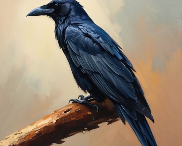 Majestic raven on textured branch with glossy feathers