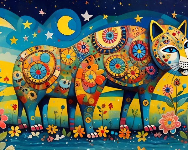 Vibrant Mural of Stylized Cat Among Whimsical Nature