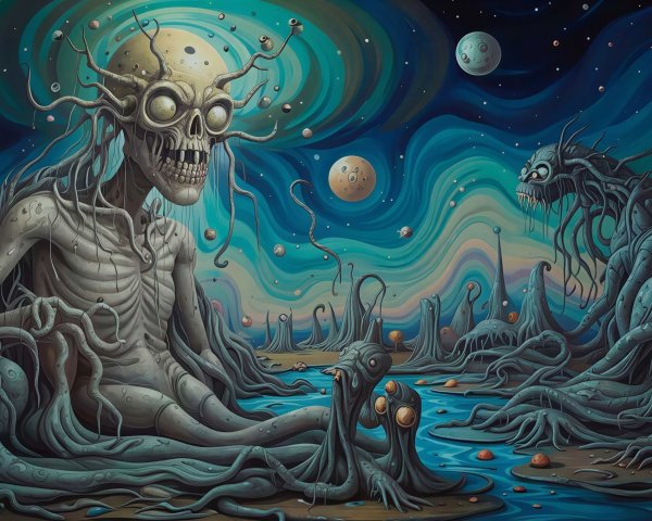 Psychedelic Horror Landscape with Skeletal Creature