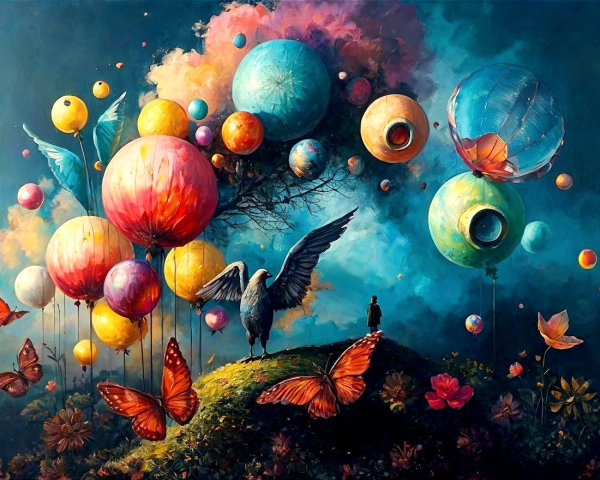 Surreal Landscape with Colorful Spheres and Nature