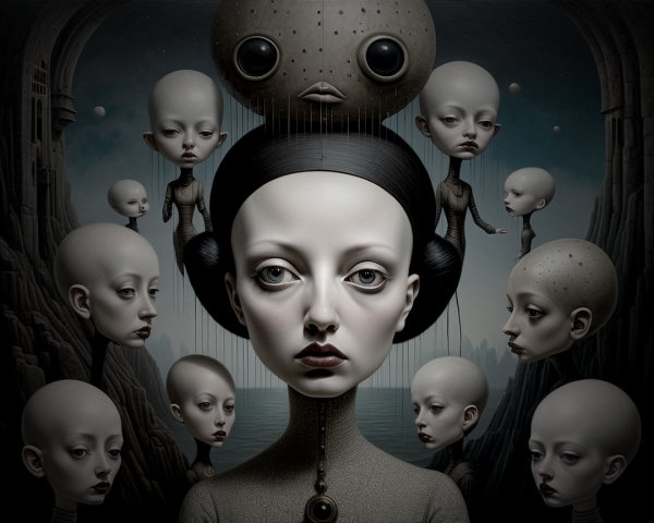 Surreal Composition of Porcelain-Like Faces in Dark Landscape