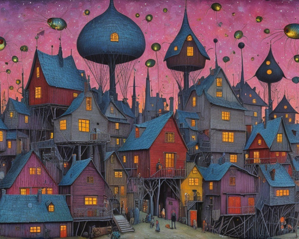 Whimsical Village with Colorful Stilt Houses at Twilight
