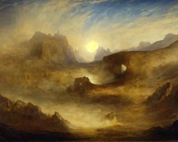 Surreal Landscape with Mountains and Golden Sky