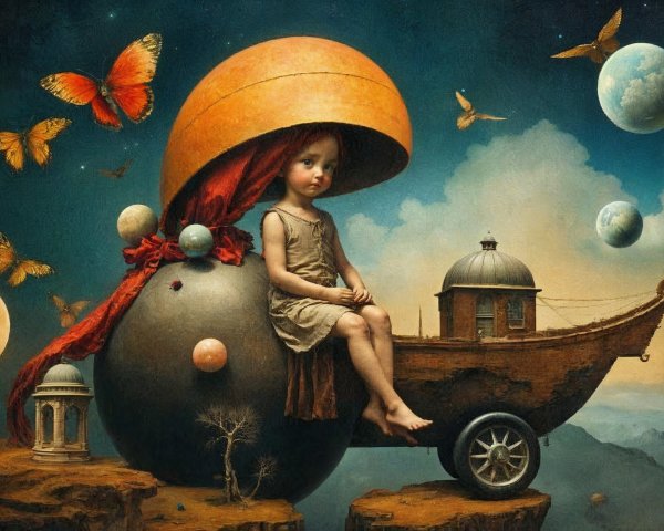 Surreal Landscape with Girl on Spherical Object