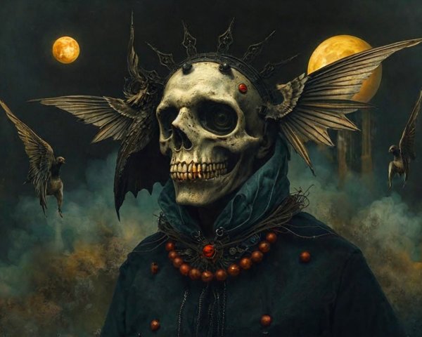 Surreal Figure with Skull Head and Ethereal Elements