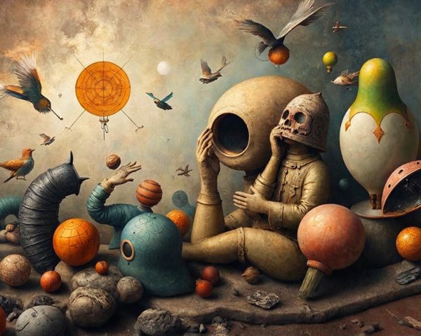 Surreal Landscape with Skeletal Mask and Abstract Creatures