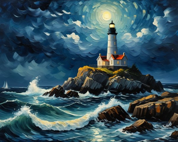 Dramatic Seascape with Lighthouse and Turbulent Waves