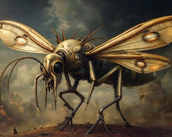 Mechanical Bee in a Dystopian Landscape Scene