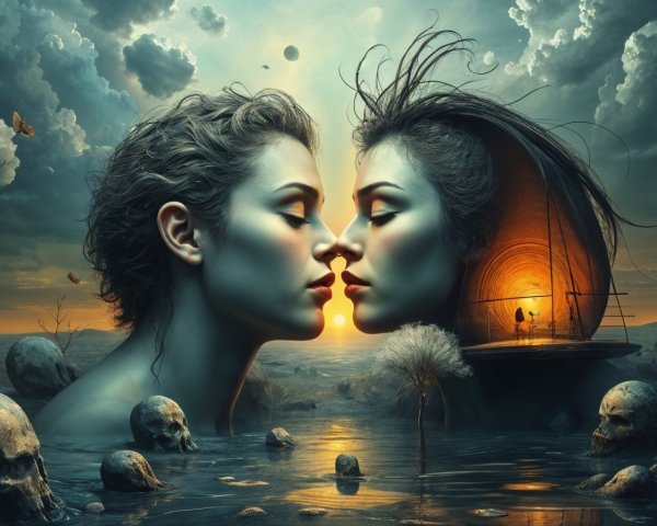 Ethereal Faces in Surreal Landscape with Mystical Elements