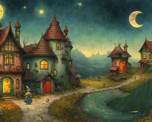 Whimsical Twilight Village with Crooked Houses and River