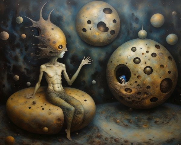 Surreal Cosmic Landscape with Alien Figure and Planets