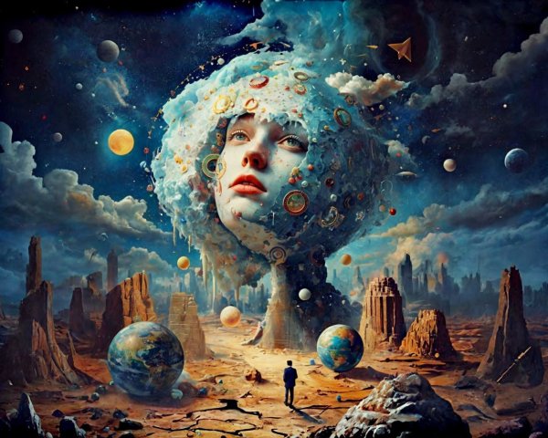Surreal Landscape with Colossal Cosmic Head