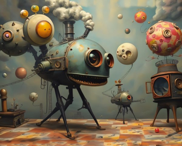 Surreal Landscape with Whimsical Retro-Futuristic Machines