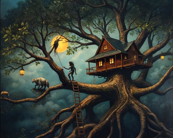 Whimsical Forest Scene with Cozy Cabin and Creatures